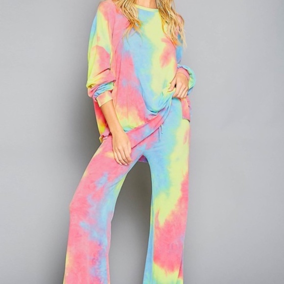 Boho Tie dye Neon pink lounge pants wide leg - Picture 3 of 7